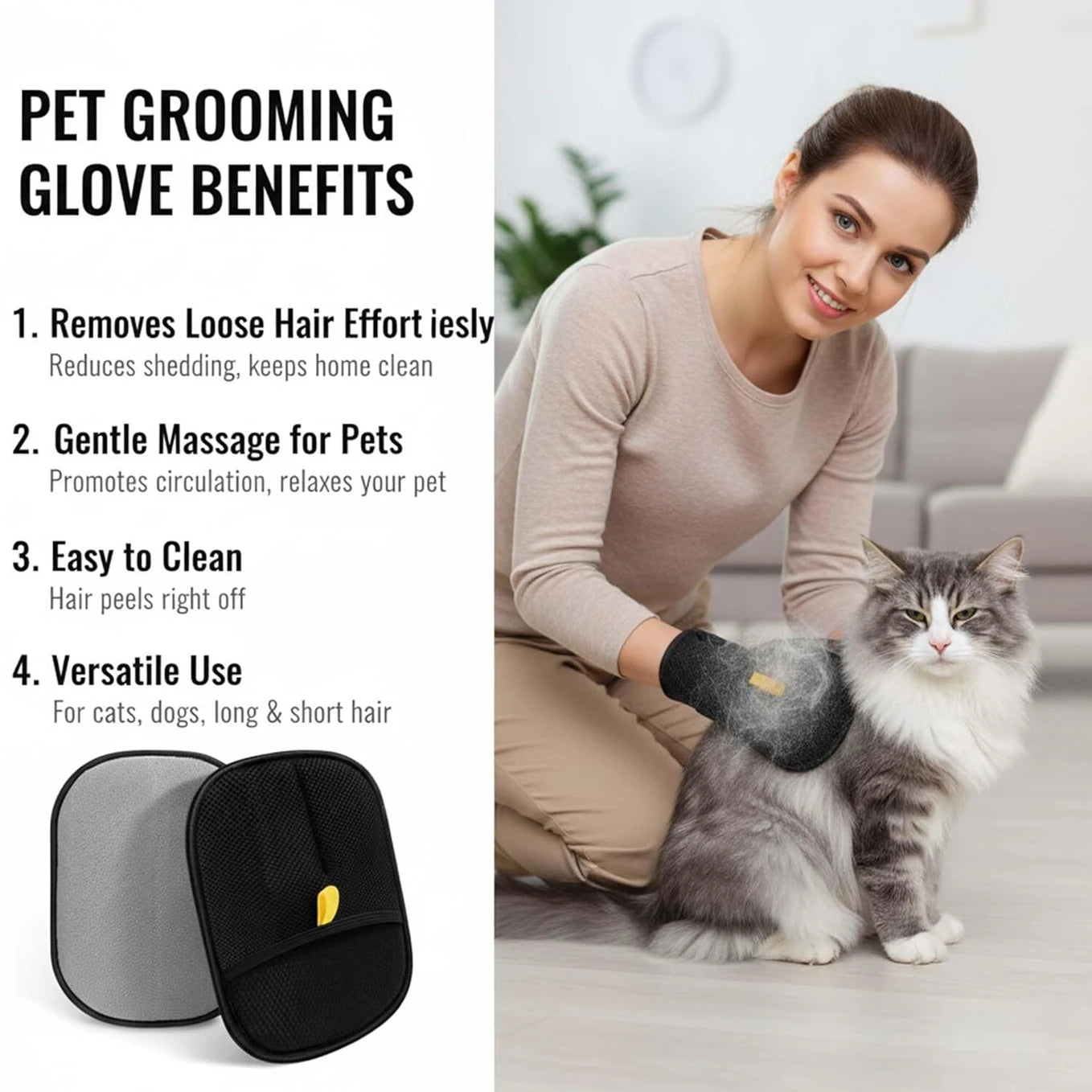 Pet Hair Removal Grooming Gloves (Black, Medium)