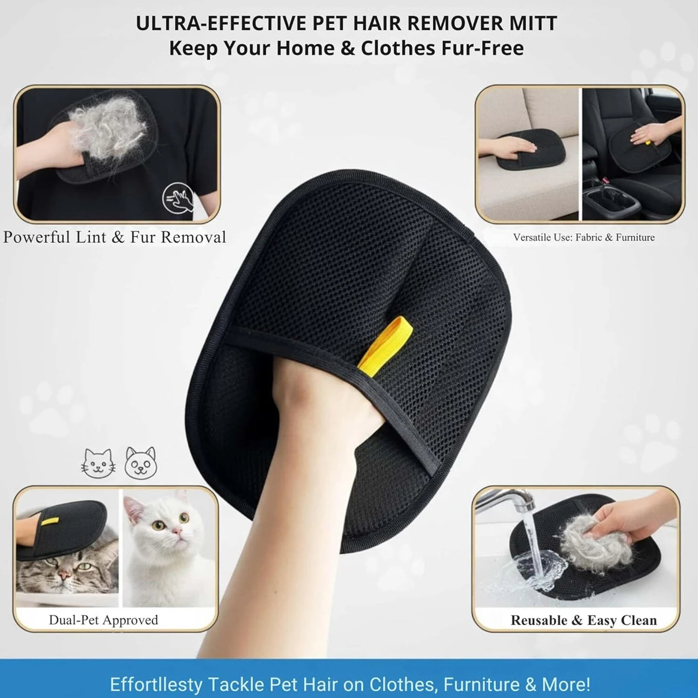 Pet Hair Removal Grooming Gloves (Black, Medium)